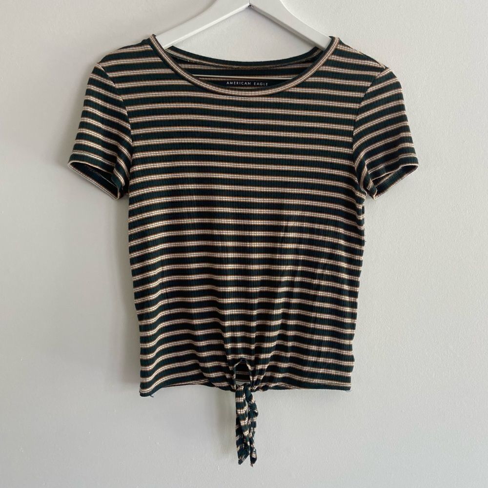 American Eagle Striped Tie-Front Green Short Sleeve Tee Size XS - Picture 1 of 5